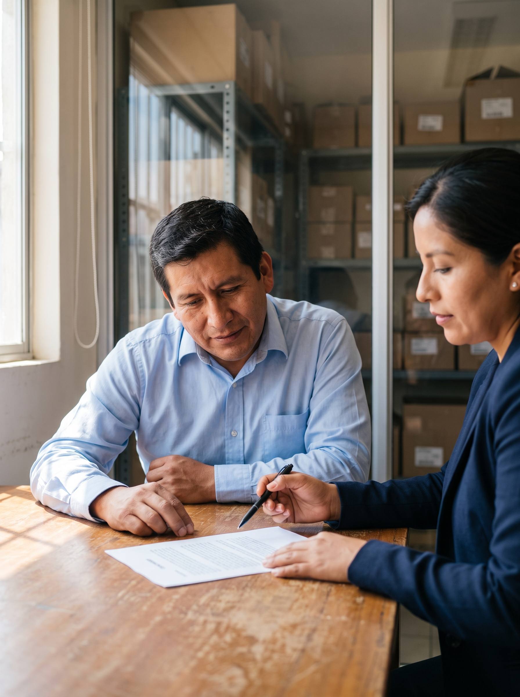 Asesora revisando el informe mensual con un empresario en su oficina